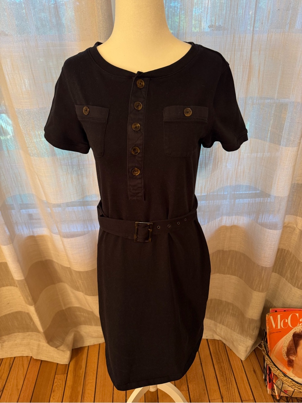Lauren Ralph Lauren Black Short-Sleeve Button-Front Belted Midi Dress